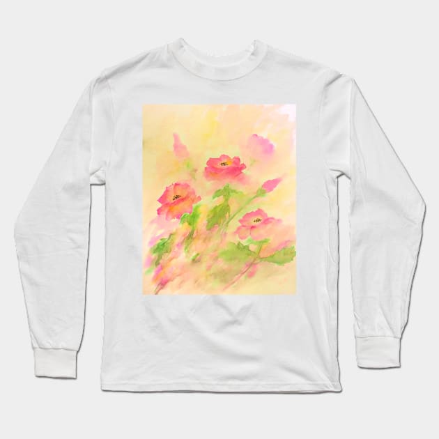 Sunny Dog Rose flowers watercolor painting Long Sleeve T-Shirt by redwitchart